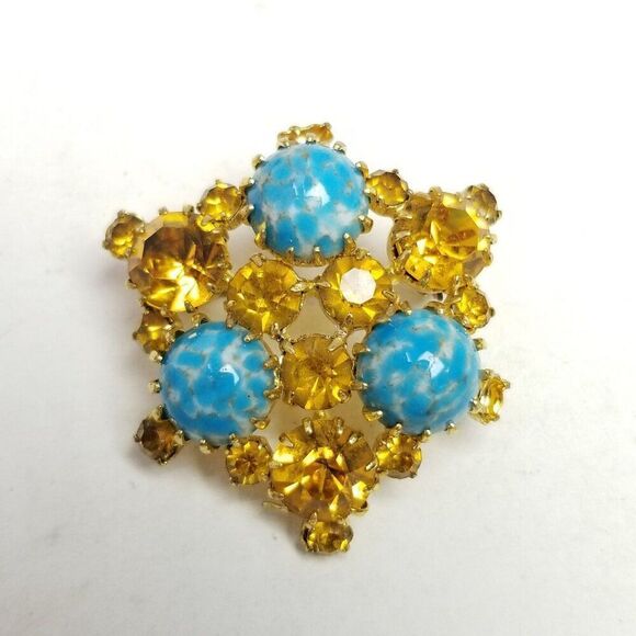 Vintage Blue and Yellow / Orange Rhinestone Cluster Brooch, Prong Set, Estate - Picture 6 of 6